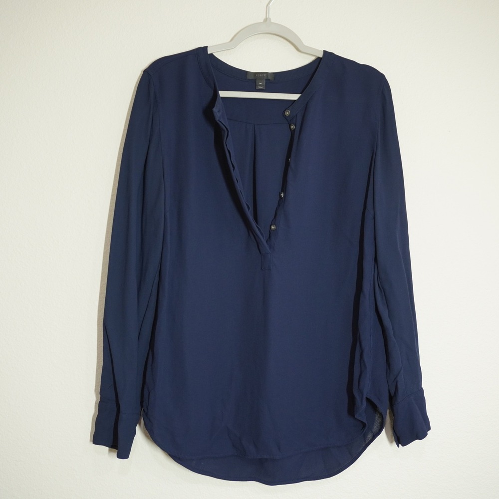 J. Crew Women's Size 14 Shirt Navy Blue Split Neck Long Sleeve Button Blouse Top